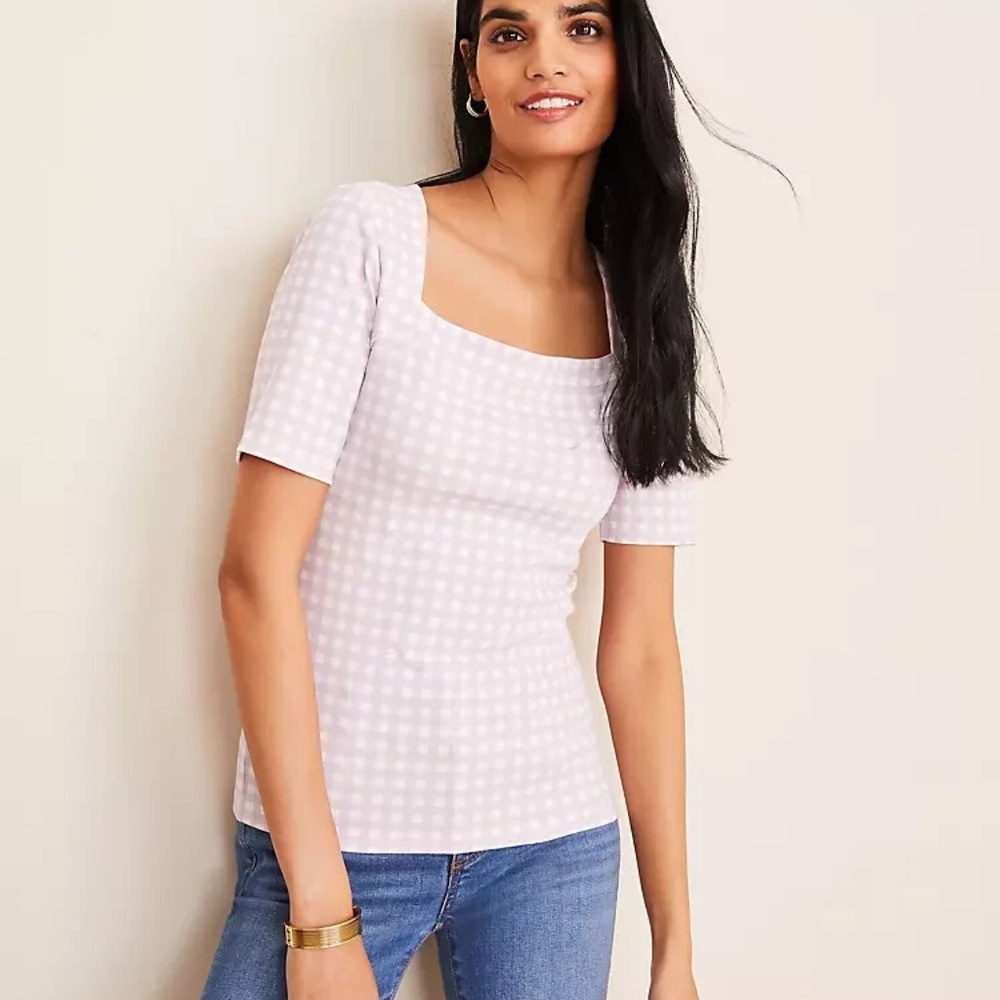 Ann Taylor Lavender Gingham Fitted Short Sleeve Blouse | Work Professional